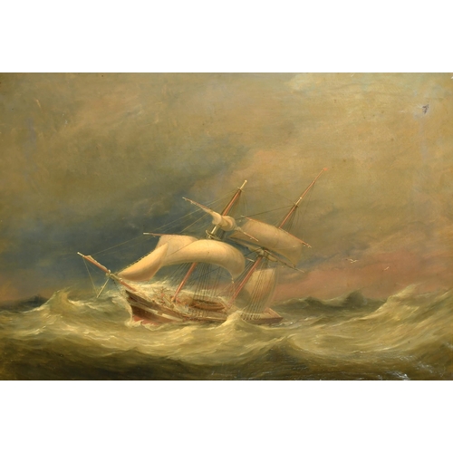 139 - 19th Century English School. A Two Masted Vessel in Heavy Waters, Oil on canvas, 24