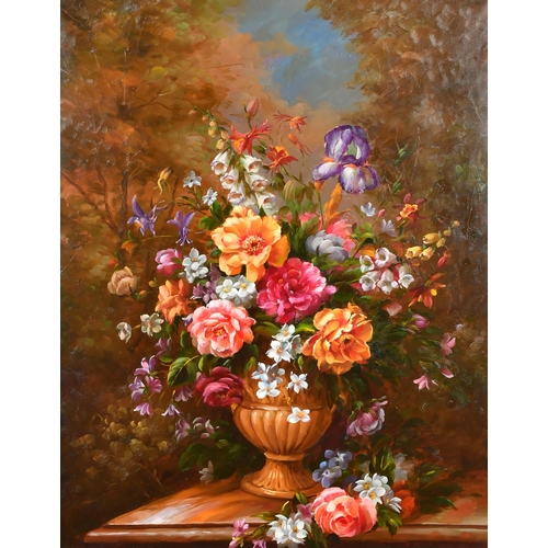 151 - 20th Century Dutch Style. Still Life of Flowers in an Urn, Oil on canvas, 36