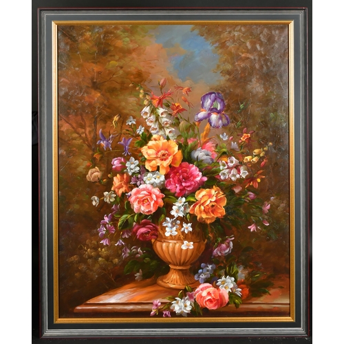 151 - 20th Century Dutch Style. Still Life of Flowers in an Urn, Oil on canvas, 36