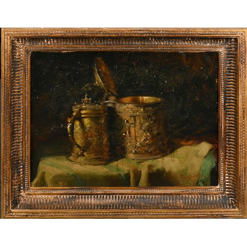 157 - Early 20th Century European School. Still Life of Tankards, Oil on board, Indistinctly signed, 11.75... 