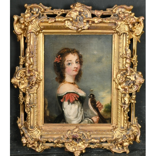 25 - 19th Century French School. A Young Girl Holding a Falcon, Oil on canvas, In an ornate gilt composit... 