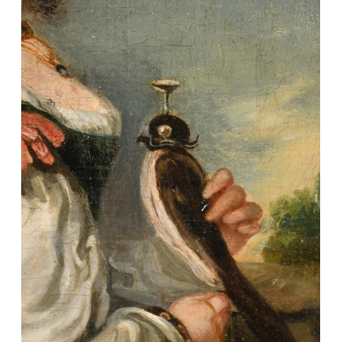 25 - 19th Century French School. A Young Girl Holding a Falcon, Oil on canvas, In an ornate gilt composit... 