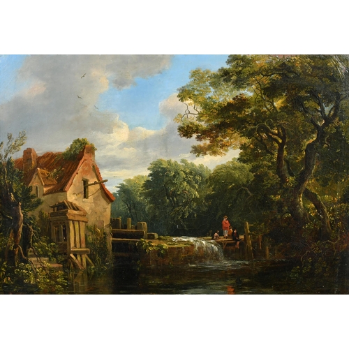 34 - Edward Williams (1782-1855) British. Figures Fishing in a Mill Pond, Oil on canvas, Inscribed on a l... 