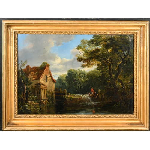 34 - Edward Williams (1782-1855) British. Figures Fishing in a Mill Pond, Oil on canvas, Inscribed on a l... 