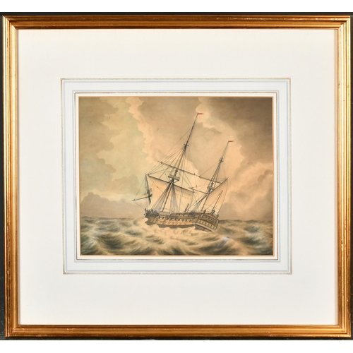 43 - Samuel Atkins (c.1787-1808) British. Man O' War in Choppy Waters, Watercolour, 9.5