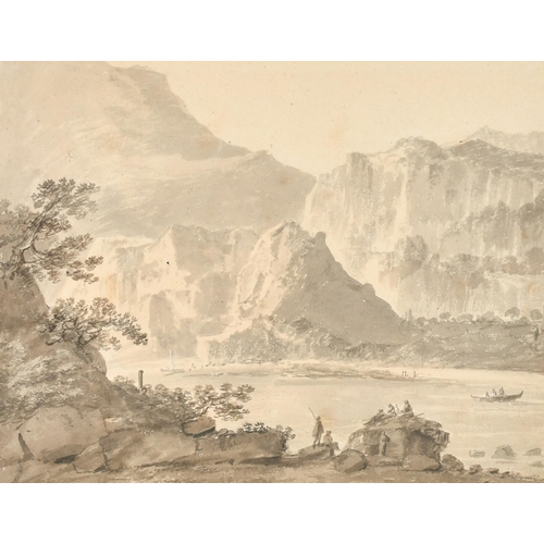 57 - Attributed to Thomas Sunderland (1744-1828) British. An Extensive Mountainous River Landscape, Water... 