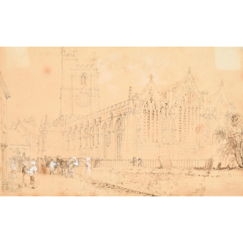 69 - Circle of John Ruskin (1819-1900) British. Study of a Cathedral with Figures in the foreground, Penc... 