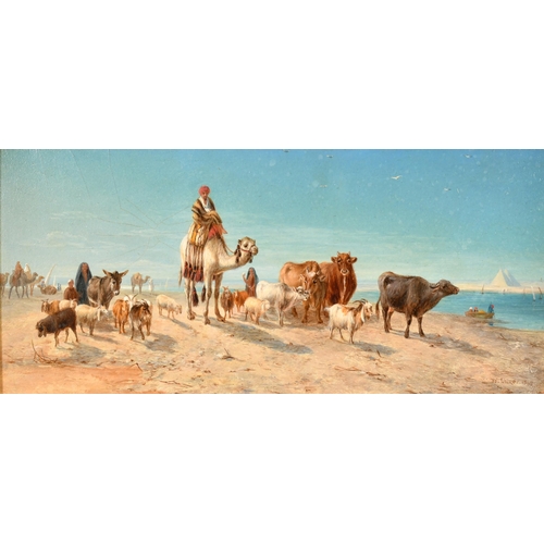 117 - William Luker Snr (1828-1905) British. A Middle Eastern Scene with Figures and Animals and Pyramids ... 