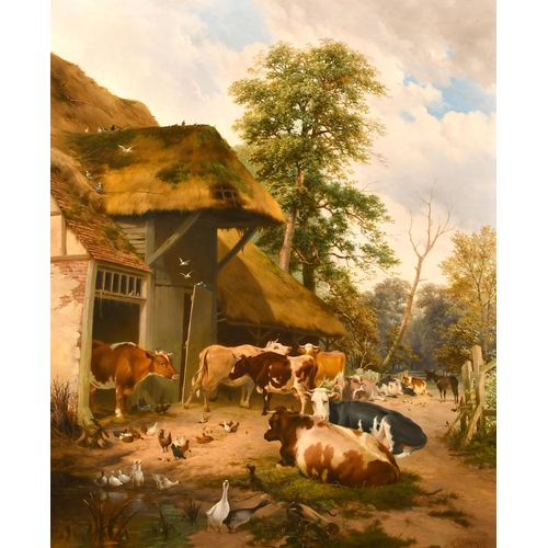 122 - Circle of Thomas Sidney Cooper (1803-1902) British. A Farmyard Scene, Oil on canvas, bears a signatu... 