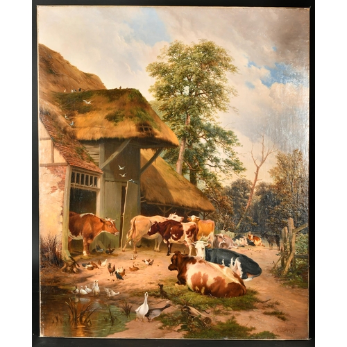 122 - Circle of Thomas Sidney Cooper (1803-1902) British. A Farmyard Scene, Oil on canvas, bears a signatu... 