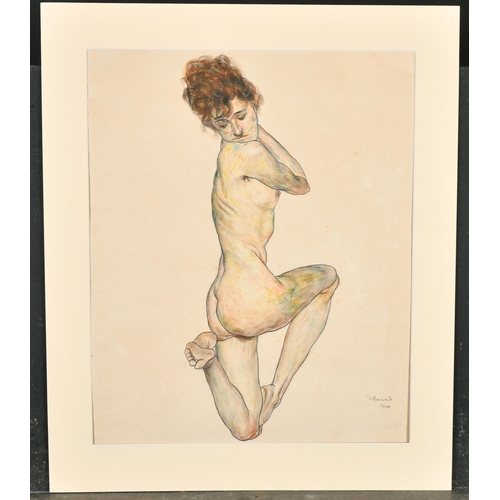 146 - Hugo von Bouvard (1879-1959) Austrian. An Egon Schiele Style Nude, Watercolour and pencil, Signed an... 