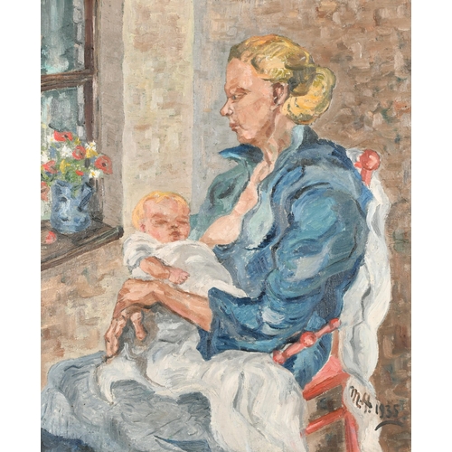 148 - Early 20th Century European School. A Nursing Mother, Oil on canvas, Signed with initials MH and dat... 