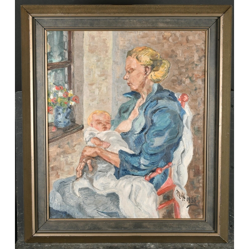 148 - Early 20th Century European School. A Nursing Mother, Oil on canvas, Signed with initials MH and dat... 