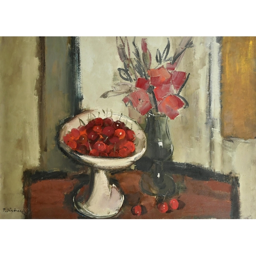 155 - Pierre Jerome (1905-1982) French. Still Life of Flowers with a Bowl of Cherries, Oil on canvas, Sign... 