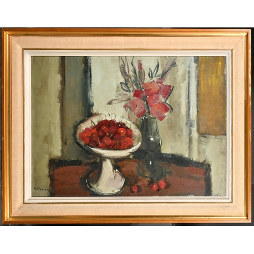 155 - Pierre Jerome (1905-1982) French. Still Life of Flowers with a Bowl of Cherries, Oil on canvas, Sign... 