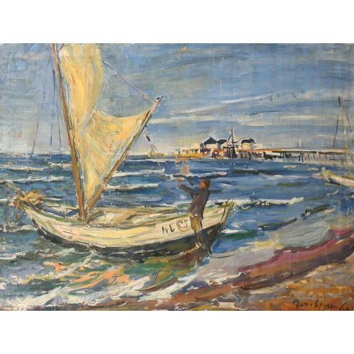 160 - Joseph Oppenheimer (1876-1966) German. A Fishing Boat off a Pier, Oil on canvas, Signed, Unframed 27... 