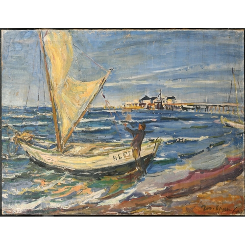 160 - Joseph Oppenheimer (1876-1966) German. A Fishing Boat off a Pier, Oil on canvas, Signed, Unframed 27... 