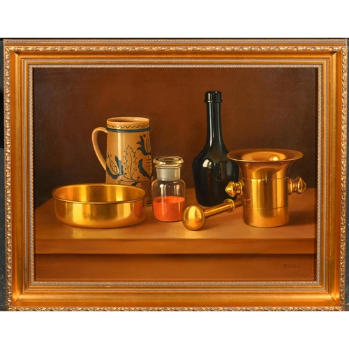 167 - Andras Gombar (1946-    ) Hungarian. Still Life on a Table, Oil on board, Signed, 15.75