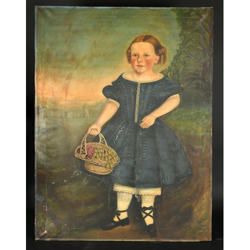 192 - 19th Century American School. A Primitive Study of a Young Girl holding a Basket of Fruit, Oil on ca... 