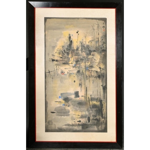 194 - Cheong Soo Pieng (1917-1983) Singaporean/Chinese. A Riverside Kampong, Watercolour and ink, Signed w... 