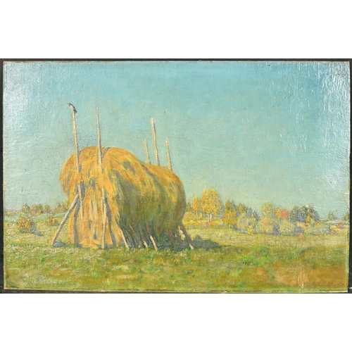 198 - Manner of Abram Efimovich Arkhipov (1862-1930) Russian. A Haystack with a Bird Perching on a Pole, O... 