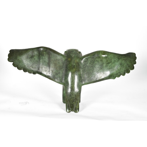 243 - 20th Century European School. An Owl with Wings Outstretched, Verdigris Bronze, height 14