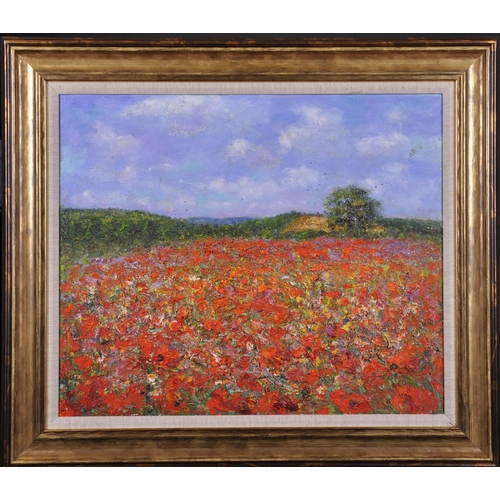 297 - Michael James Strang (1942-2021) British. 'Poppy Field, Nr Usk, Trostrey Church in distance', Oil on... 