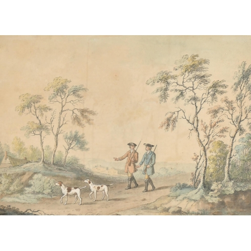 47 - William Woollett (1735-1785) British. 'Two Huntsmen with Dogs in a Landscape', Watercolour, Inscribe... 