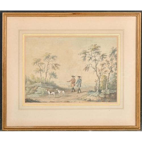 47 - William Woollett (1735-1785) British. 'Two Huntsmen with Dogs in a Landscape', Watercolour, Inscribe... 