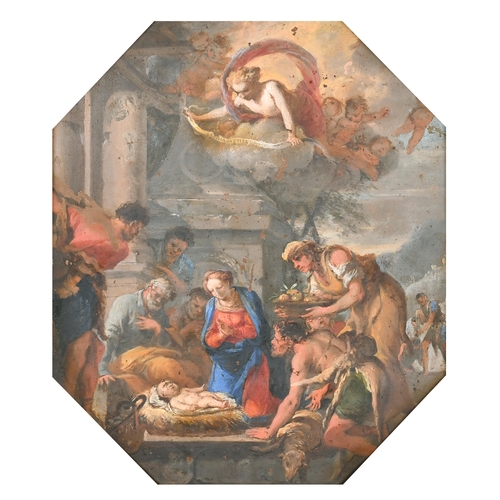 55 - 18th Century Italian School. The Adoration of the Magi, Oil on copper, Octagonal 14.5