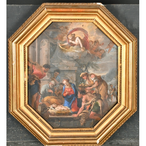 55 - 18th Century Italian School. The Adoration of the Magi, Oil on copper, Octagonal 14.5