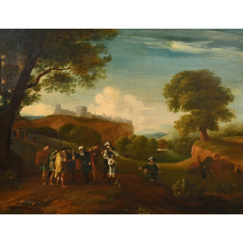 63 - 18th Century Italian School. A Classical Landscape with Figures and Camels, Oil on canvas, 20