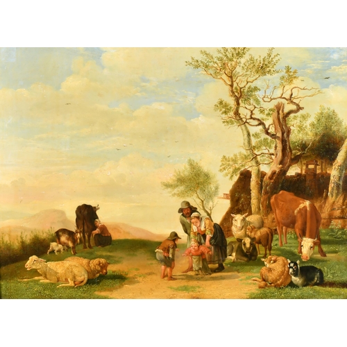 64 - Manner of Jan van Gool (1685-1763) Dutch. Figures with Cattle and Sheep, Oil on panel, 14.75