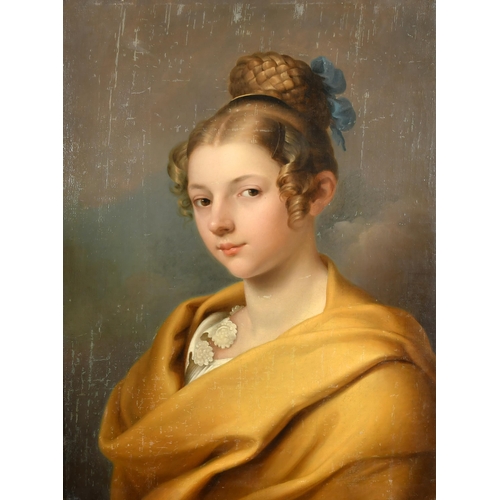 77 - 18th Century French School. Bust Portrait of a Young Lady in a Yellow Shawl, Oil on canvas, 24.75