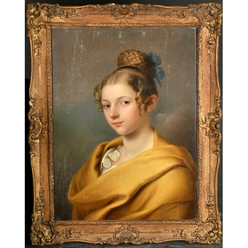 77 - 18th Century French School. Bust Portrait of a Young Lady in a Yellow Shawl, Oil on canvas, 24.75