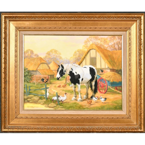 276 - Glynn Williams (1955-    ) British. A Piebald in a Farm Scene, Oil on board, Signed, 12