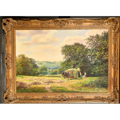 283 - Tony Sheath (1946-    ) British. A Harvesting Scene, Oil on canvas, Signed, 20