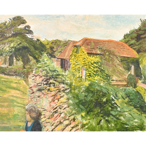 292 - Carel Weight (1908-1997) British. A Woman in a Cottage Garden with Barns Beyond, Oil on board, Signe... 