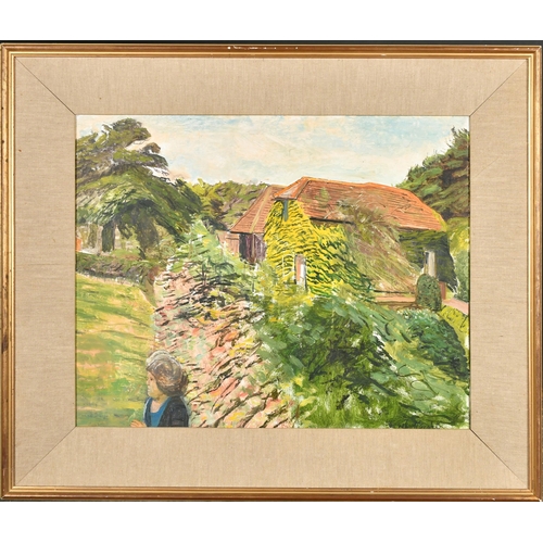 292 - Carel Weight (1908-1997) British. A Woman in a Cottage Garden with Barns Beyond, Oil on board, Signe... 