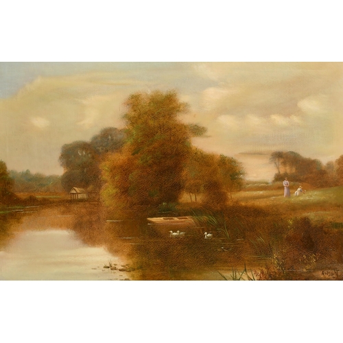 106 - A Wright (19th - 20th Century) British. A River Landscape with Ducks, Oil on canvas, Signed, 16