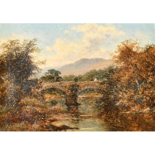 120 - Thomas Spinks (1847-1927) British. A River Landscape with Figures on a Bridge, Oil on canvas, Signed... 