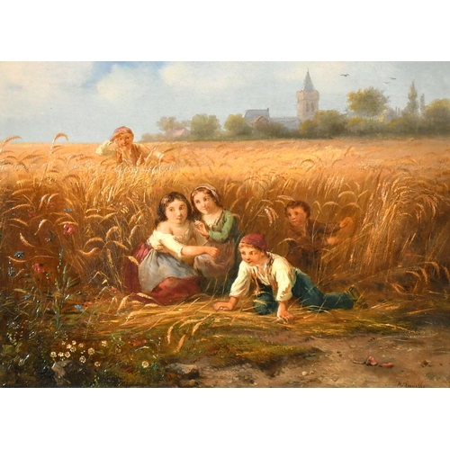 122 - Robert Favelle (1820-1886) French. Children Hiding in the Corn, Oil on Panel, Signed and Dated 1.8.5... 