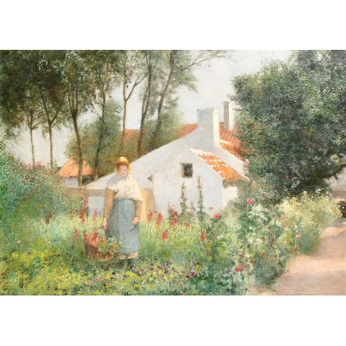 126 - 19th Century English School. A Lady Picking Flowers, Oil on canvas, 20