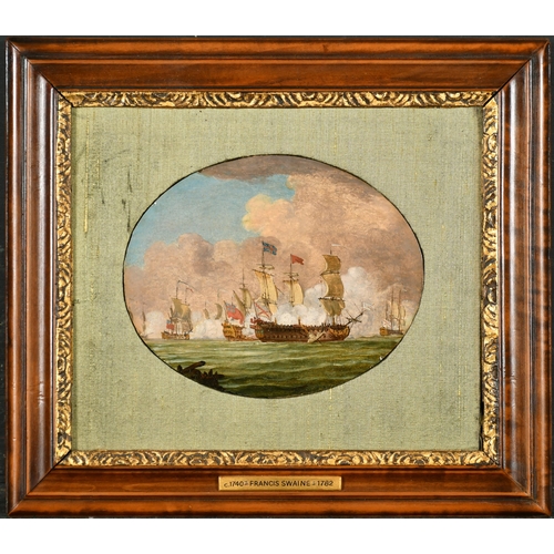 139 - Francis Swaine (1725-1782) British. A Naval Engagement, Oil on panel, Signed, Oval 4