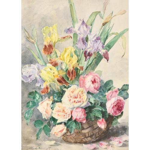 179 - Madeleine-Jeanne Lemaire (1845-1928) French. Roses and Irises in a Basket, Watercolour, Signed, 21.5... 