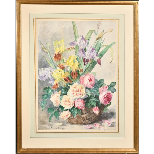 179 - Madeleine-Jeanne Lemaire (1845-1928) French. Roses and Irises in a Basket, Watercolour, Signed, 21.5... 