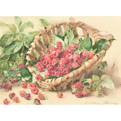 180 - Madeleine-Jeanne Lemaire (1845-1928) French. Raspberries in a Wicker Basket, Watercolour, Signed, 10... 