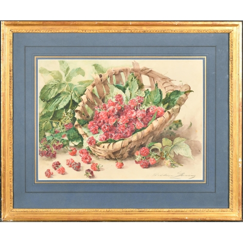 180 - Madeleine-Jeanne Lemaire (1845-1928) French. Raspberries in a Wicker Basket, Watercolour, Signed, 10... 