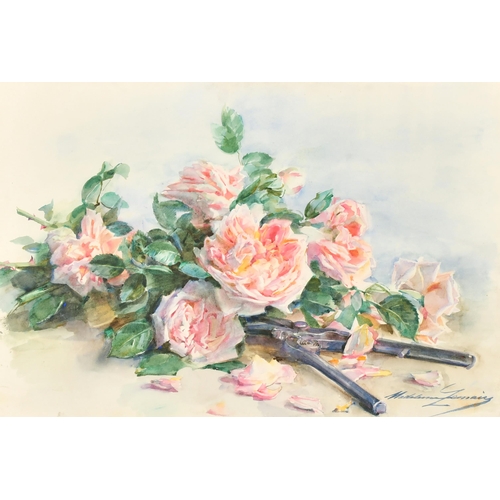 182 - Madeleine-Jeanne Lemaire (1845-1928) French. 'Bouquet of Roses and Le Secateur', Watercolour, Signed... 