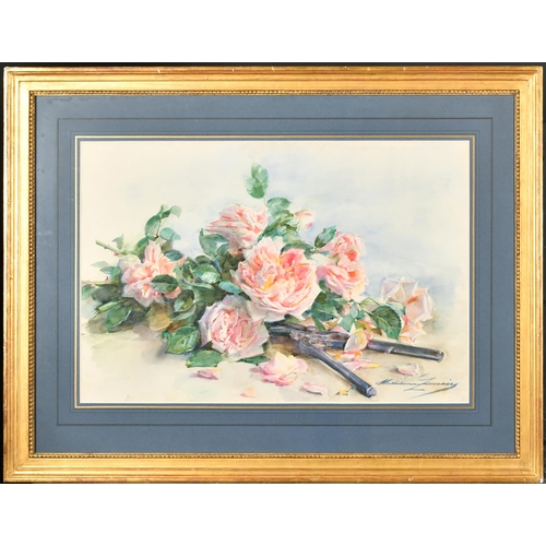 182 - Madeleine-Jeanne Lemaire (1845-1928) French. 'Bouquet of Roses and Le Secateur', Watercolour, Signed... 